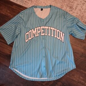 SHEIN Turquoise And White Striped Jersey Style Button-Up Top